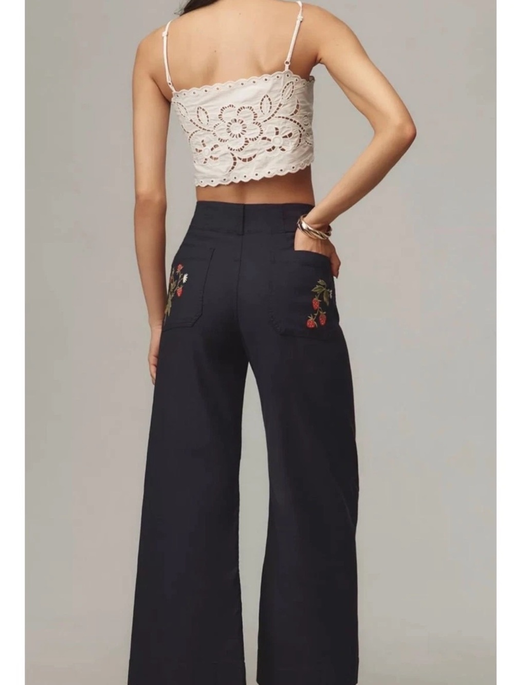 Anthropologie Maeve Colette Embroidered Wide Leg Navy Strawberry Pants Sz 26